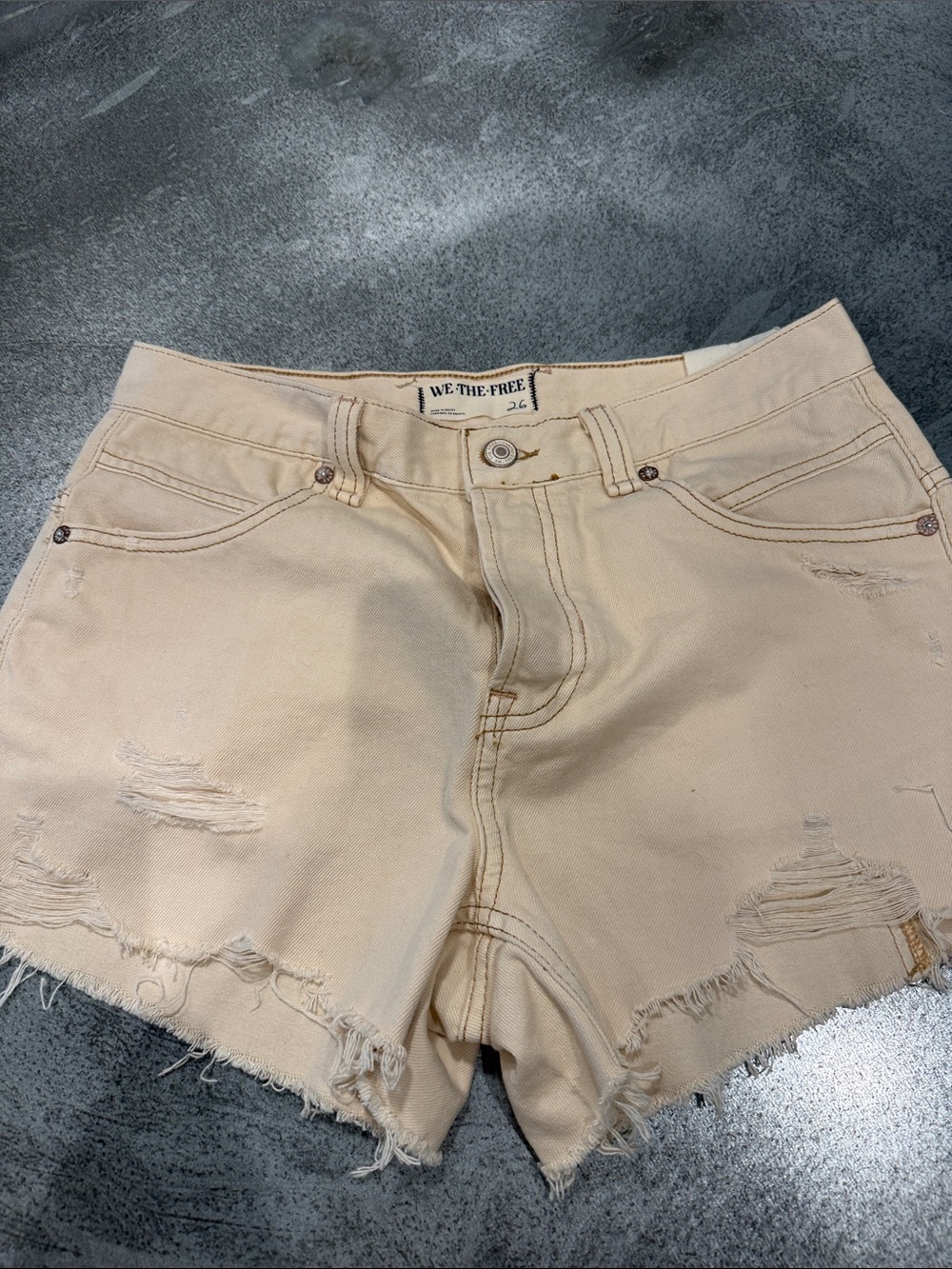 We The Free Cream Distressed High-Rise Denim Shorts